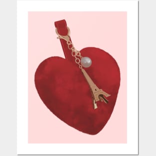 Red fluffy heart keyring with the Eiffel Tower charm in rose gold and a white perl. Posters and Art